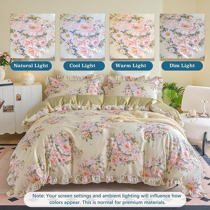Ruffle Floral Duvet Cover Set 100% Cotton Queen Size, Shabby Blush Pink Cream Rose Comforter Cover, Satin Weave, Soft & Breathable, French Country Cottagecore Bedding 3Pcs-Not Comforter