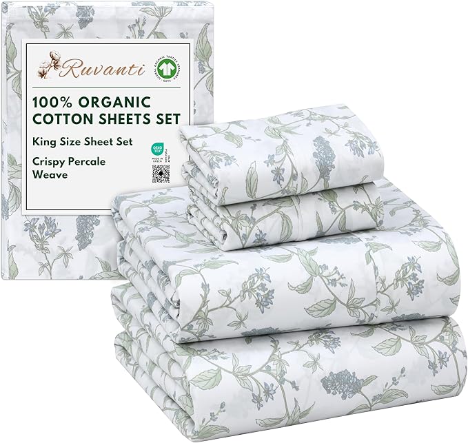 RUVANTI 100% Organic Cotton Sheets King Size, Percale Weave, GOTS Certified, 4-Piece Set, Deep Pocket 15", Crisp & Breathable, Soft Durable Bedding, Sábanas Algodón Orgánico – Vine Yard