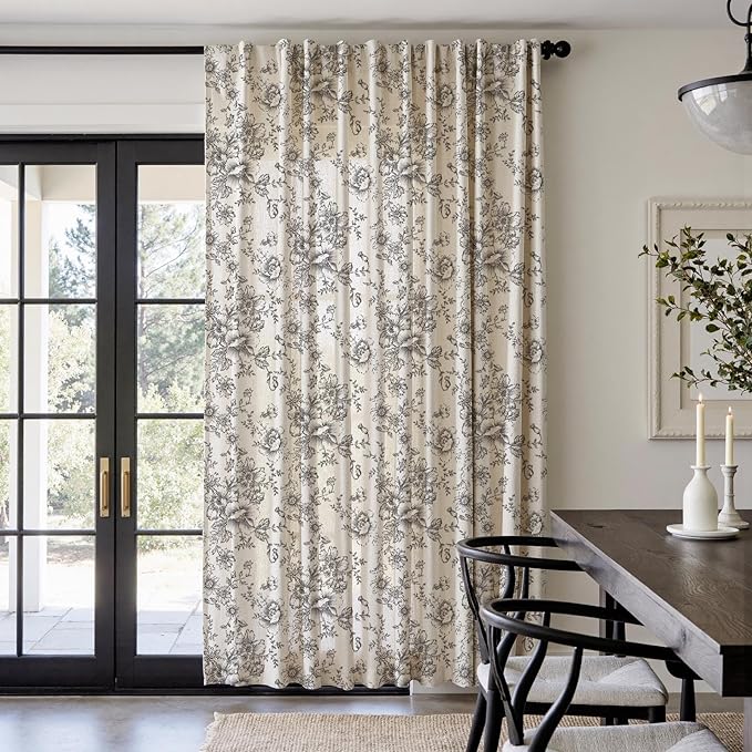 jinchan Linen Floral Curtains 100 Inch Extra Wide for Patio Sliding Glass Door Room Divider Curtain for Living Room 84 Inch Length Farmhouse Peony Black Printed Curtain Set 1 Panel