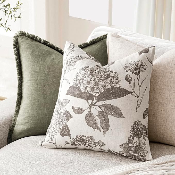 Foindtower Set of 2 Linen Floral Vintage Throw Pillow Covers Neutral Accent Decorative Cushion Covers Farmhouse Boho Home Decor for Sofa Chair Couch Bedroom Living Room,18×18 Inch,Light Gray