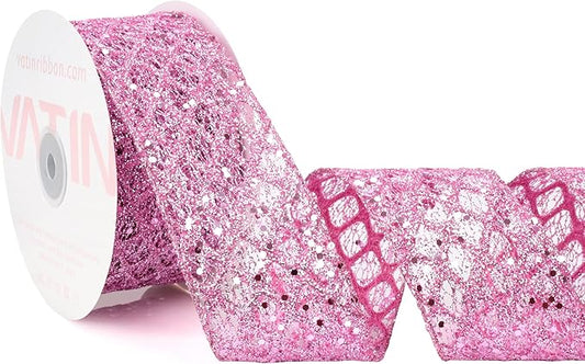 VATIN 2-1/2" Pink Christmas Ribbon, Pink Glitter Mesh Diamond Web Sequin Dots Wired Christmas Ribbon for Gift Wrapping Bow Making Wreath Supply-10 Yards