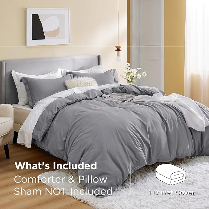 Bedsure Duvet Cover Queen Size - Only Includes 1 Duvet Cover (90"x90"), Hotel Luxury Soft Double Brushed All Season Bedding for Kids & Adults, Zipper Closure, NO Comforter, Grey