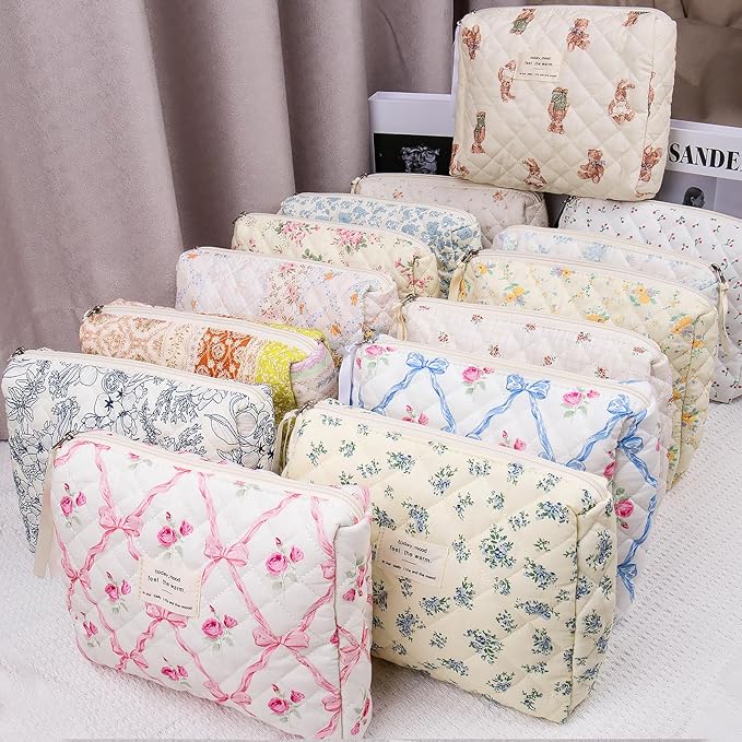 2PC Makeup Bag Set, Cute Cosmetic Bag for Women Girls, Floral Coquette Aesthetic Toiletry Bag, Travel Make Up Organizer Bag (White Pink Butterfly Flower)