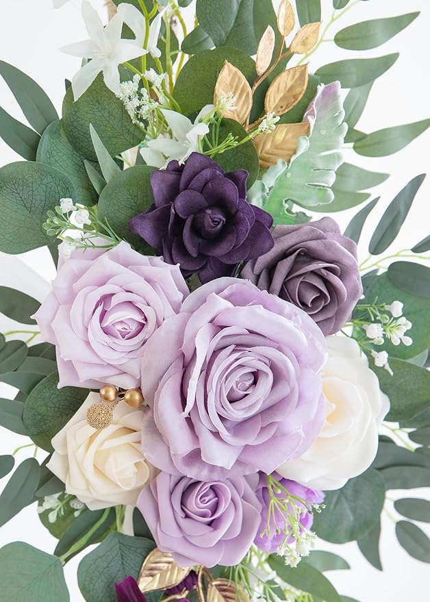 ponatia Wedding Arch Flowers with 26Ft Chiffon Fabric, Artificial Purple Flowers for Wedding Welcome Signs Decorations for Wedding Ceremony Reception (Lilac & Cream)