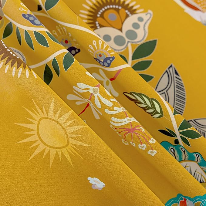 XiDi Mustard Yellow Blackout Curtains 96 Inches Long 2 Panels for Bedroom Vintage Floral Patterned Curtains Botanical Luxury Modern Living Room Dining Room Darkening Privacy Grommet Drapes 52x96 8ft