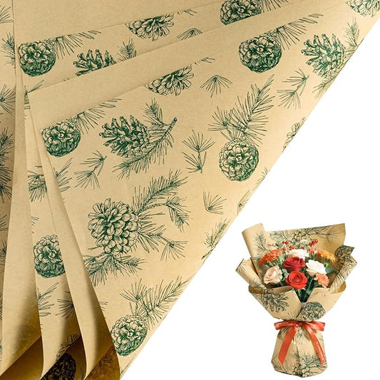 LeZakaa 20 Sheets Kraft Christmas Flower Wrapping Paper, Green Pinecone and Branches on Kraft Floral Bouquet Paper Gift Wrap for Christmas Party Packaging, Winter Woodland-themed Holiday decor