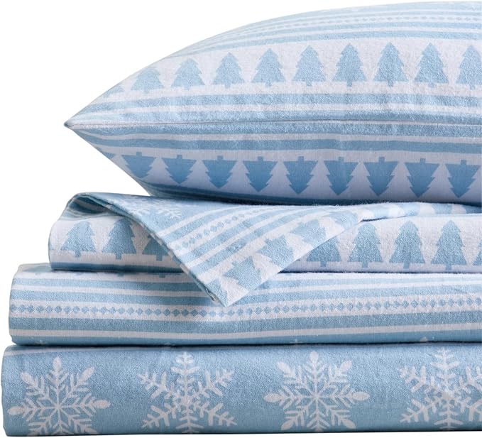 Market & Place 100% Cotton Queen Flannel Sheet Set | 4 Piece Deep Pocket Novelty Cozy Winter Bed Sheets | Double Brushed for Extra Softness & Comfort | Alpine Collection (Queen, Striped Snowflake)