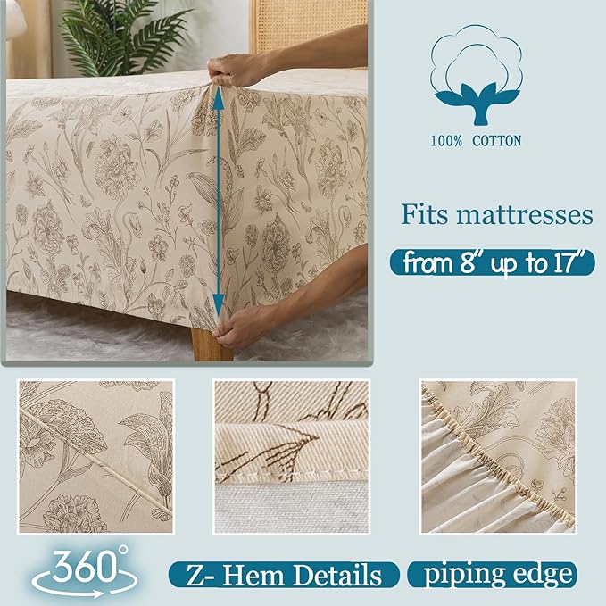 Zusbest Full Size Sheets 100% Percale Cotton Beige Floral Bed Sheet, Brushed for Extra Softness, Breathable Luxury Toile Flannel Sheets Like Khaki Flower Print Deep Pocket Bed Set 17.5'' 4 Pcs