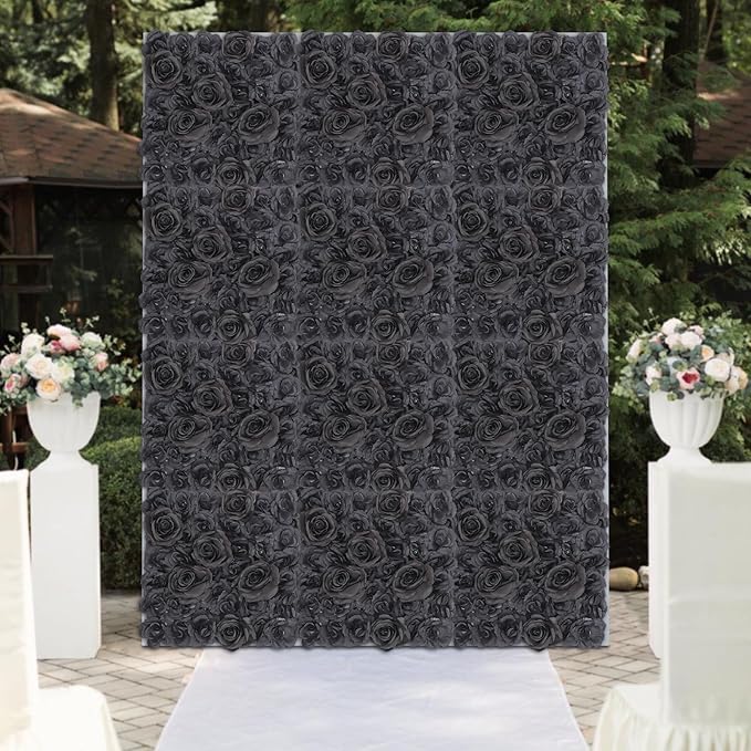 12PCS Black Rose Flower Wall Panels, 3D Artificial Silk Floral Background Decor for Wedding Party Indoor Outdoor Home Decoration (15x15in)