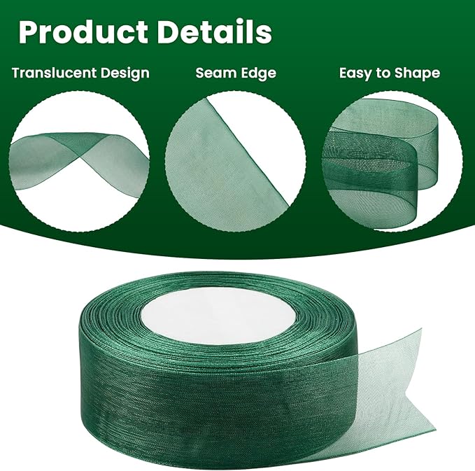 1-1/2 Inch Dark Green Sheer Organza Ribbon for Bow Making, Gift Wrapping, Christmas Decoration, 50 Yards/Roll