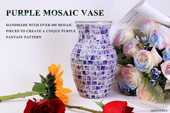 8" H Purple Mosaic Vase.Exquisite Craftsmanship.Decor Home Modern Midsize All Handmade Mosaic Vases .Beautiful Glass Vase for Home&Office Decor.Unique Gift