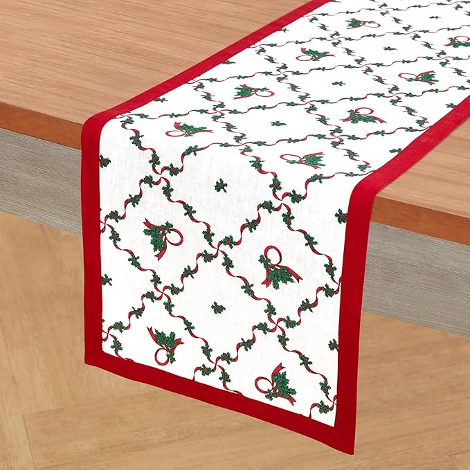 Solino Home 100% Pure Linen Christmas Table Runner 120 Inches Long - Red and Green Table Runner 14 x 120 Inch - Handcrafted and Machine Washable - Holly Ribbon Print
