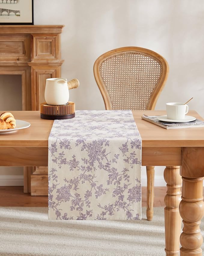 100% Cotton French Pastoral Table Runners, 13x108 Inch Purple Farmhouse Table Runners 108 Inches Long, Vintage Flowers Print Home Decors