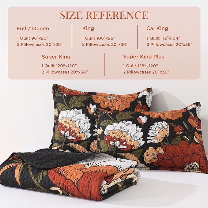 Andency Floral Boho Super King Quilt Bedding Set Black, 3 Pieces Farmhouse Flower Botanical Bedspreads with 2 Shams, Soft Reversible Lightweight Microfiber Coverlet Set for All Season, 120"x120"