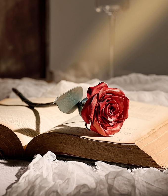 Handcrafted Genuine Leather Rose with Stem, Red, Gift Box Presentation, Lifelike Artisan Flower for 3rd Wedding Anniversary, Mother's Day (Red)