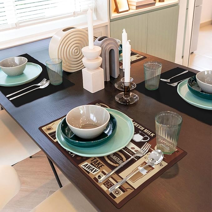 Coffee Table Placemats Set, Hot Mocha Latte Milk Typography on Scribble Backdrop, Set for Dining Table Decor 6 PCS, Cafe-2
