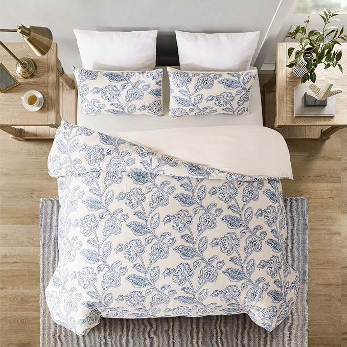 meadow park Floral Cotton Duvet Cover Queen Size Bedding Set Soft Textured Comfy Breathable Jacquard Comforter Duvet Cover with 2 Pillow Shams, Button Closure&Corner Ties, Blue Color