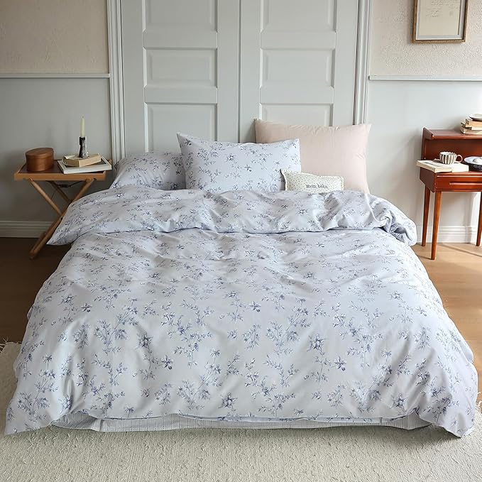 HighBuy Vintage Blue Floral Duvet Cover Queen Premium Cotton Flower Bedding Comforter Cover Boho Floral Girls Bedding Set Queen Garden Style Cottagecore Duvet Cover with Zipper Closure Corner Ties