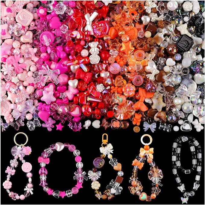 Assorted 400-450PCS Acrylic Beads for Bracelet Making, Flower Bow Candy GummyBear Kawaii Beads,Cute Bead for Jewelry Making DIY Necklace Keychain Phone Charms Christmas Gift(6 Colors)