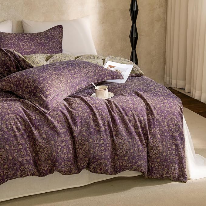 EAVD Soft 100% Cotton Muslin Yarn-Dyed Jacquard Textured Duvet Cover Full Chic Shabby Purple Floral Duvet Cover with Zipper Closure Linen Like Gauze Floral Bedding Set with 2 Pillowcases