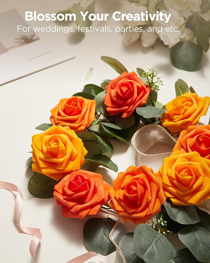 InnoGear Artificial Flowers, 50 Pcs Shades of Orange Foam Fake Roses Bulk with Stems for Autumn Fall Decoration DIY Wedding Bouquets Centerpieces Bridal Shower Party Christmas Tree