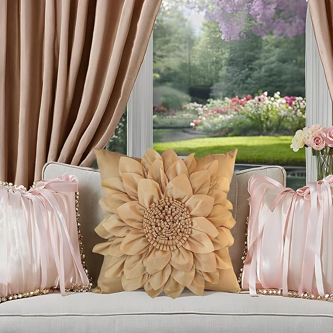 Bella's Giftshop 3D Sunflower Decorative Throw Pillow Covers for Bed Sofa Couch Car, Accent Floral Taffeta Cushion Cover, Handmade Pillow Cases Living Room Decor, 17x17 Inch-Gold