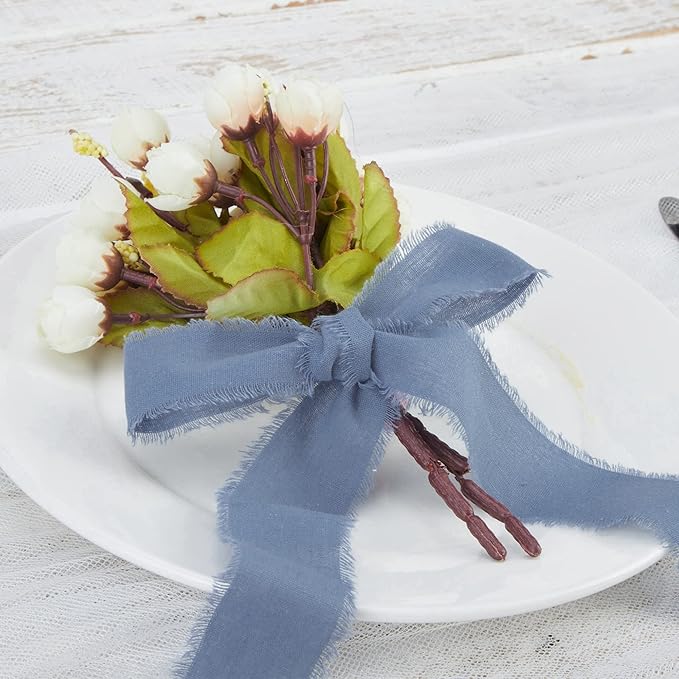 Dusty Blue Ribbon 1-1/2 x 15 Yards Handmade Cotton Frayed Fringe Fabric Ribbons for Crafts Flower Bouquets Wedding Baby Shower Home DIY Decor