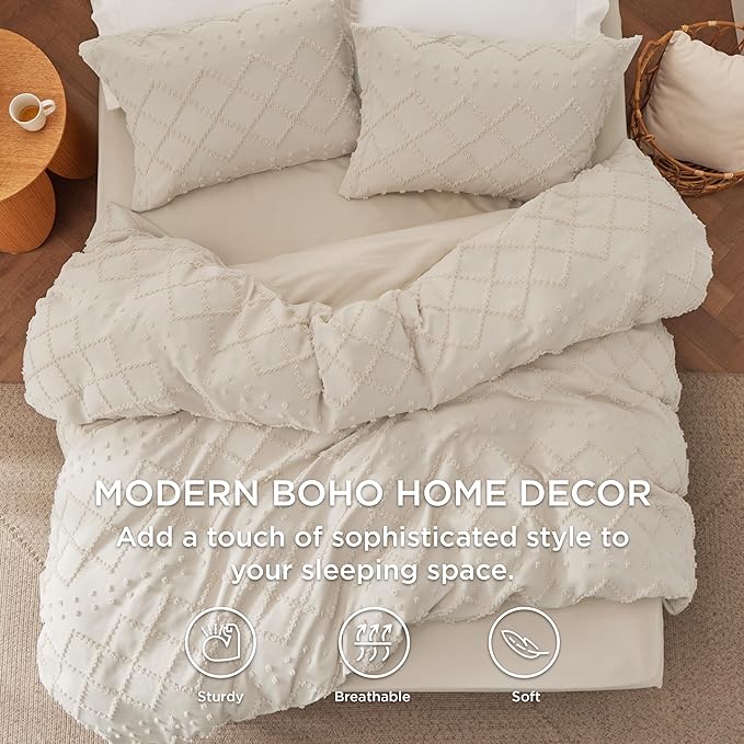 Bedsure Boho Duvet Cover King Size with Fitted Sheet - Boho Bedding Comforter Set, 4 Pieces, Includes 1 Duvet Cover 104"x90" with Zipper Closure, 2 Pillow Shams, 1 Fitted Sheet, Beige