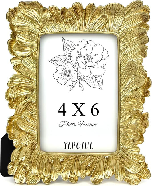 4x6 Vintage Picture Frame Gold, Ornate Leaves Photo Frame with Glass Front, Elegant Picture Frame for Wall or Tabletop Display, Gift ldeas for Home Decor