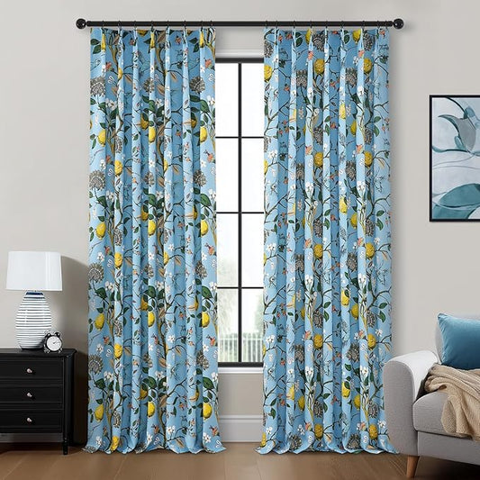 Vintage Floral Curtains 90 Inches Long for Living Room Bedroom Luxury Whimsical Lemon Hummingbird Patterned Waverly Mid Century Colorful Pinch Pleated Blackout Drapes 2 Panels，Light Blue