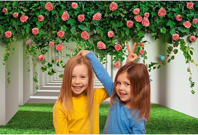 Rose Flowers Backdrop Red Rose Flowers and Green Leaves with Butterflies Photography Background Spring Alley Green Grass Backdrops Outdoor Wedding Party Decorations Photo Studio Props 15x10ft