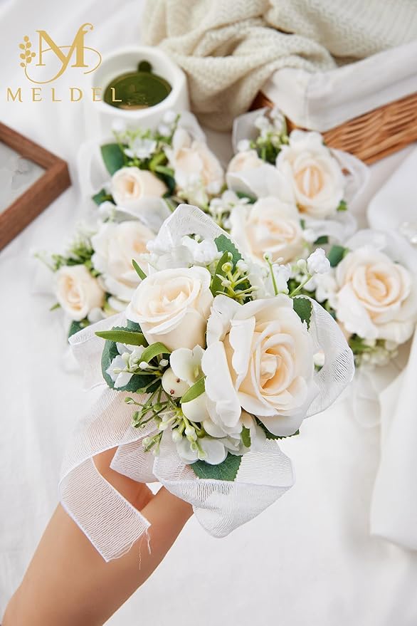 Meldel Champagne Wrist Corsage for Bride Bridesmaid Wedding,Set of 6, Romantic Artificial Rose Pearls Wristband Wrist Flower for Bridal Shower Ceremony Prom Party, Mother and Grand Mother Wrist Flower