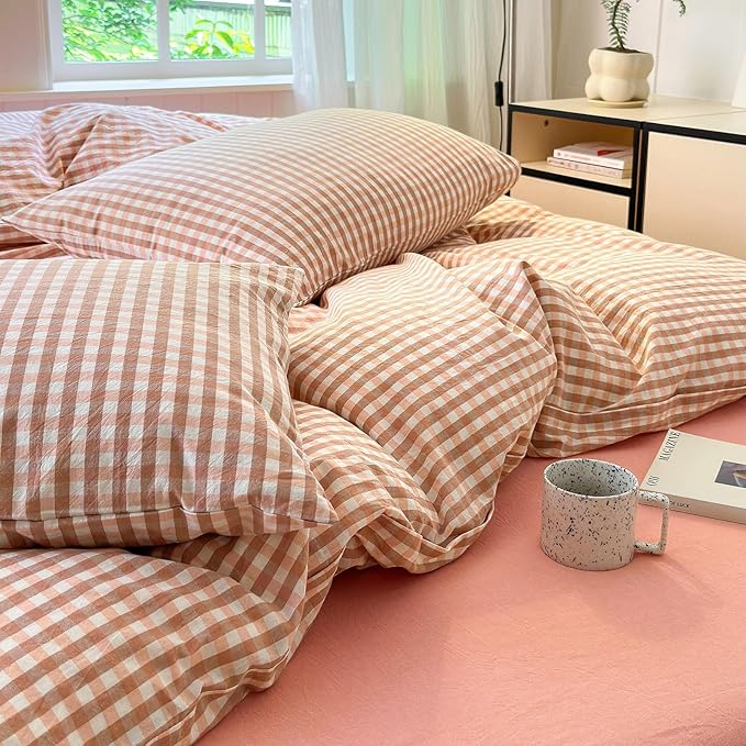 LifeTB Queen Comforter Set Pink Gingham Comforter Modern Style Blush Plaid Comforter Set 3 Pieces Grid Checkered Comforter with 2 Pillowcases Fluffy Soft Boho Gingham Bedding Set Queen Size