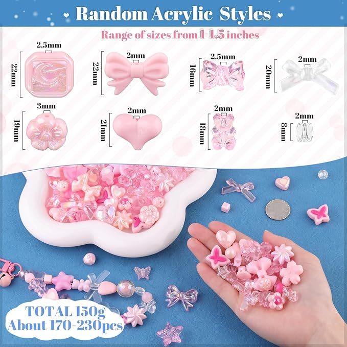 Assorted Acrylic Beads, 200-260PCS Pink Cute Beads for Bracelet Making, GummyBear Bow Flower Candy Kawaii Charms for Jewelry Making DIY Necklace Keychain Phone Charm Christmas Gift