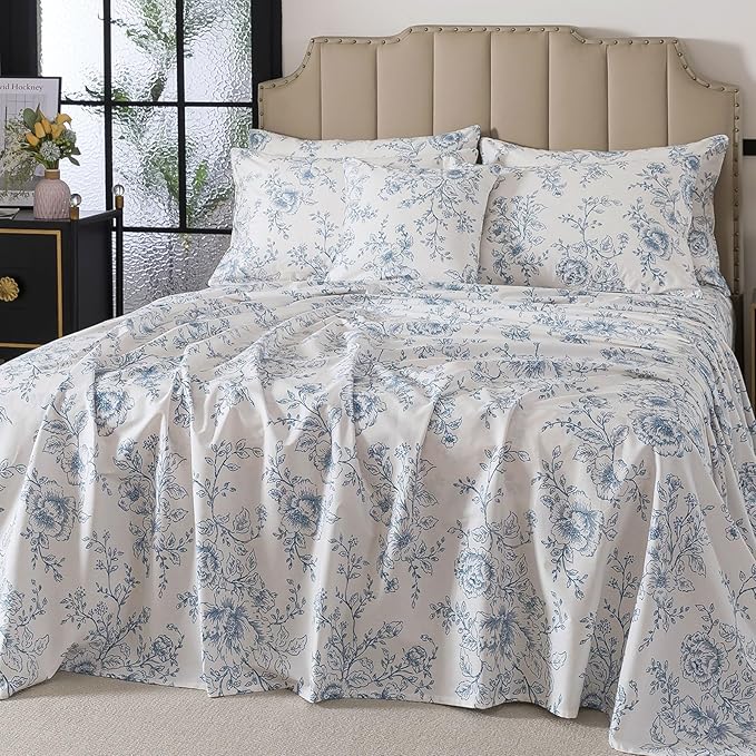 FADFAY 100% Cotton Blue Floral Bed Sheet Set, French Country Cottagecore Bedding 4Pcs, Luxury Soft Breathable Cooling Sheets with Deep Pocket Fitted Sheet, Flat Sheet & Pillowcases, King