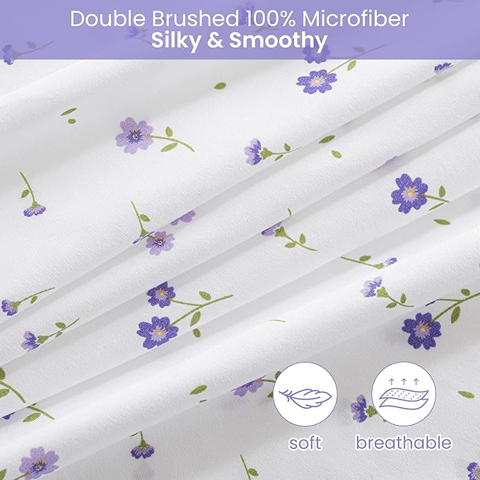 Softan Floral Queen Sheet Set Purple Flower Bed Sheets Printed Queen Size - 4 Piece Microfiber Patterned Fitted Sheets with 15" Deep Pocket, Spring Flower Sheets and Pillowcase Set