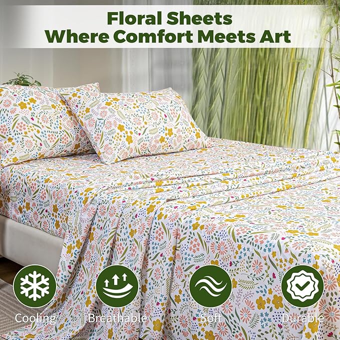 Bedlifes Extra Deep Pocket 18-24" Queen 4-Piece Sheet Set - Cooling Sheets Blend Rayon Derived from Bamboo Soft & Breathable,Featuring Floral