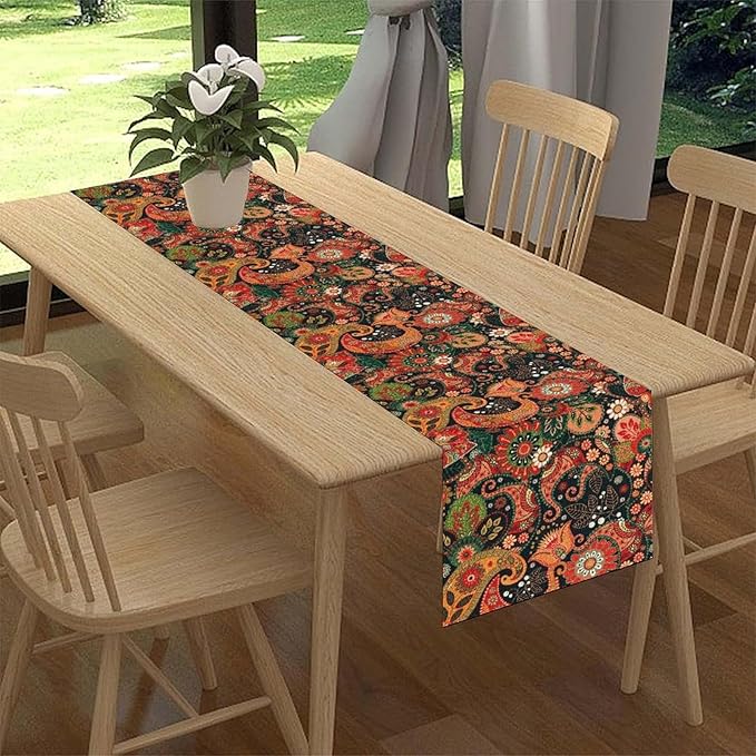 Vintage Paisley Table Runner, Colorful Retro Damask Antique Floral Flower Boho Damask Swirled Print Table Center Decor for Family Kitchen Table Decorations Indoor Outdoor 13x90 inch
