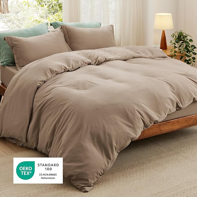 Bedsure California King Size Duvet Cover with Fitted Sheet - 4 Pieces Prewashed Cotton-Like Extra Soft Bedding Set, Includes 1 Duvet Cover 104x98 Inches, 2 Pillow Shams, 1 Fitted Sheet, Deep Beige