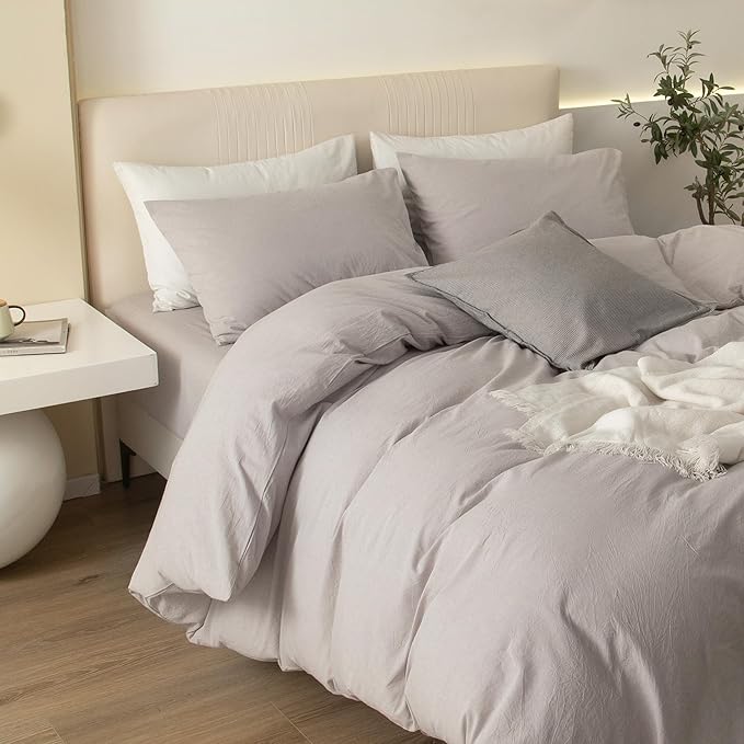 JIYUAN 100% Washed Cotton Duvet Cover Set 3 Pieces Super Queen, 1 Duvet Cover 90x98 Inches(Comforter Not Included) and 2 Pillowcases,Linen Feel Bedding Set Comfy and Breathable, Heathered Linen