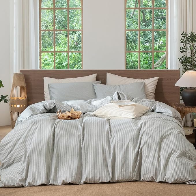 MooMee Striped Duvet Cover Set 100% Washed Cotton Linen Like Textured Breathable Durable Soft Comfy (Heathered Green Pinstripes, Super King Plus 120"x120")