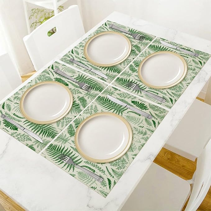 Vintage Leaves Placemats Set of 6, 17x12 Inch Green Boho Abstract Aesthetic Tropical Botanical Leaves Modern Art Printed Table Mats for Home Party Kitchen Dining Decor