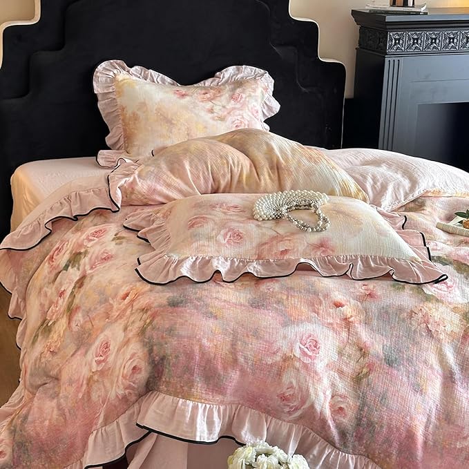 HighBuy Rose Floral Duvet Cover Twin Size,Linen Cotton Soft Coquette Ruffle Flower Bedding Duvet Cover Set,Jacquard Yarn-Dyed Shabby Chic Farmhouse Duvet Cover and Pillow Shams,Pink - Twin
