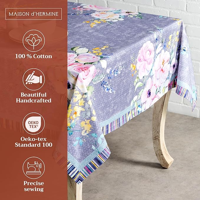 Maison d' Hermine Table Cloth Square Table 100% Cotton 60 x 60 Inches Tablecloth Reusable for Dining Room, Farmhouse, Home, Party, Festive & Wedding Spring Summer - Sweet Rose Lavender - Lush