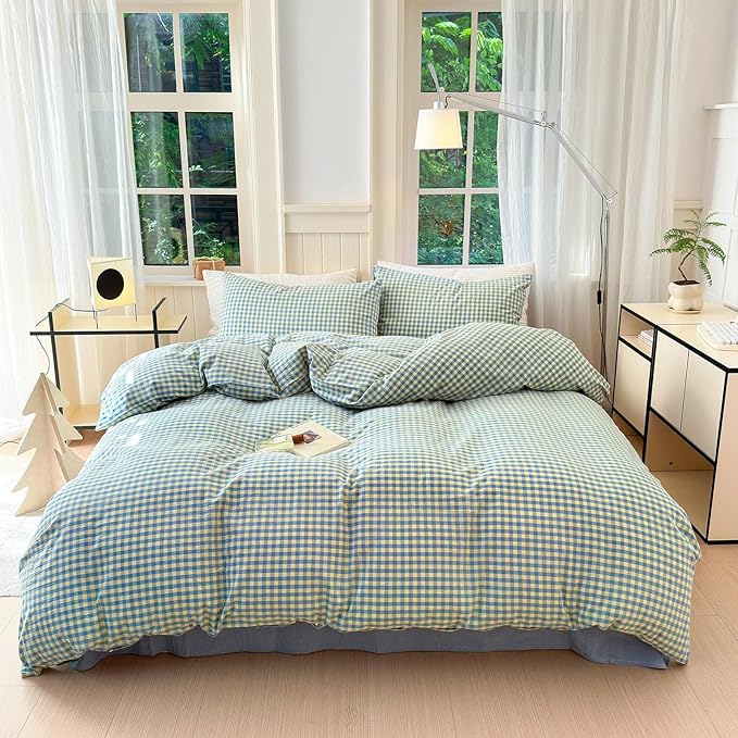 LifeTB Queen Comforter Set Blue Yellow Gingham Comforter with 2 Pillowcases Modern Style Geometric Plaid Comforter 3 Pieces Farmhouse Gingham Bedding Set Fluffy Grid Checkered Comforter Set