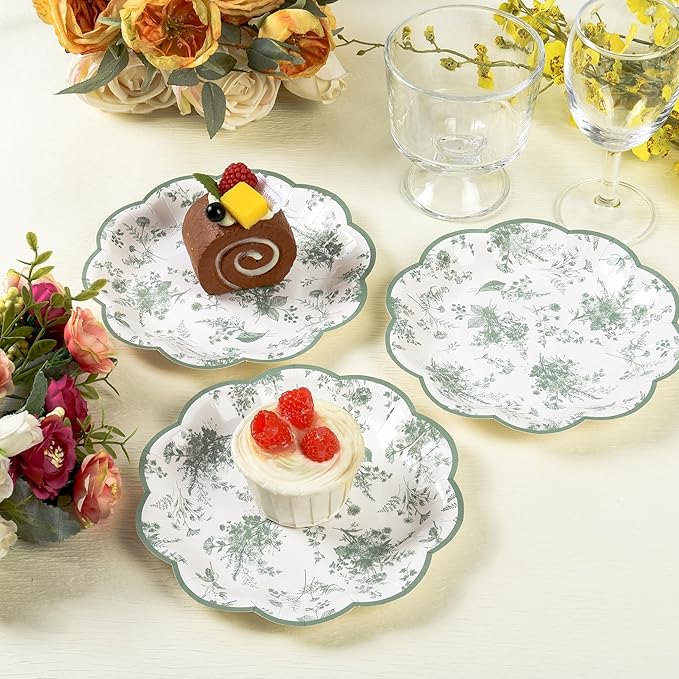 24Pcs Sage Green Floral Party Plates Vintage Floral Leaf Disposable Paper Plates Wildflower Toile 7" Scalloped Rim Dessert Plate for Christmas Birthday Bridal Tea Party Supplies