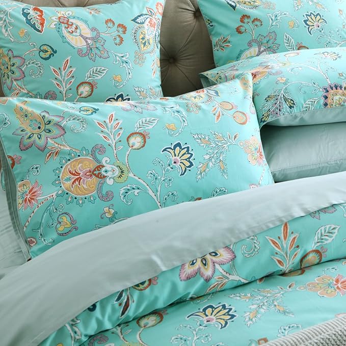 Brandream King Size Duvet Cover Set Teal (1 Duvet Cover + 2 Pillow Shams) Ultra Soft 100% Egyptian Cotton Printed Floral Boho Paisley Bedding Set