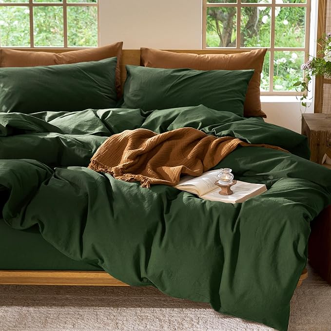 MooMee Bedding Duvet Cover Set 100% Washed Cotton Linen Like Textured Breathable Durable Soft Comfy (Solid Forest Green, Full 80"x90")