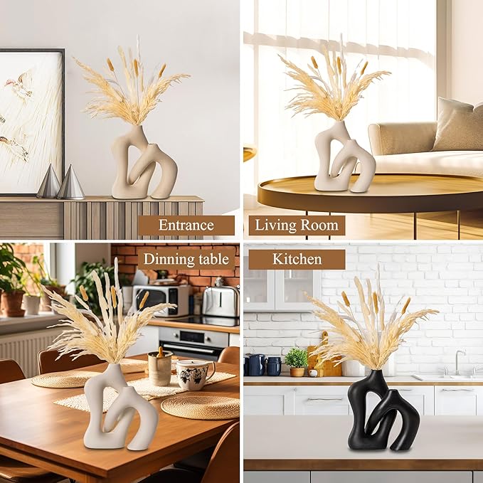 Ceramic Vase Set of 2, White Decorative Aesthetic Flower Vase for Home Décor Modern Minimalist Table, Fireplace, Shelf, Mantel, Entryway Centerpieces
