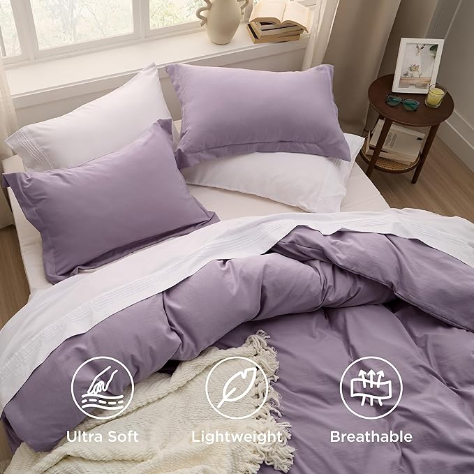 Bedsure Grayish Purple Duvet Cover Twin/Twin XL Size - 2 Pieces Prewashed Cotton-Like Extra Soft Bedding Set, Includes 1 Twin Duvet Cover 68x90 Inches with Zipper Closure & 1 Pillow Sham, No Comforter